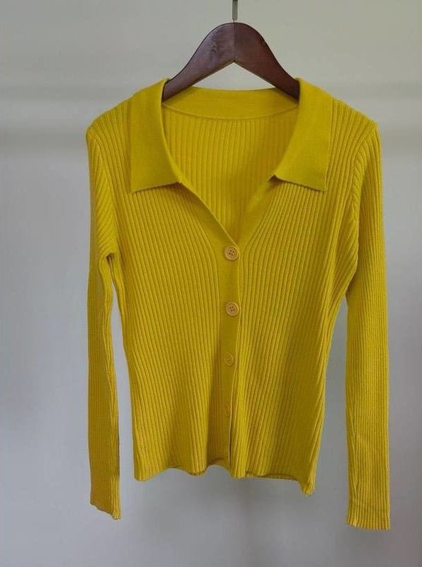 Lapel slim and thin jacket pit strip buckle sexy V - neck long - sleeved POLO neck knitted cardigan sweater women's wholesale - Negative Apparel