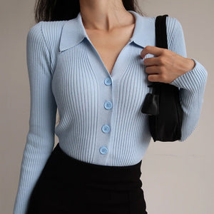 Lapel slim and thin jacket pit strip buckle sexy V - neck long - sleeved POLO neck knitted cardigan sweater women's wholesale - Negative Apparel