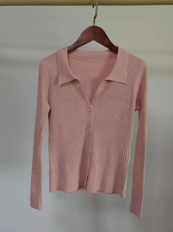 Lapel slim and thin jacket pit strip buckle sexy V - neck long - sleeved POLO neck knitted cardigan sweater women's wholesale - Negative Apparel