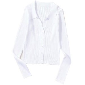 Lapel slim and thin jacket pit strip buckle sexy V - neck long - sleeved POLO neck knitted cardigan sweater women's wholesale - Negative Apparel