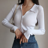 Lapel slim and thin jacket pit strip buckle sexy V - neck long - sleeved POLO neck knitted cardigan sweater women's wholesale - Negative Apparel
