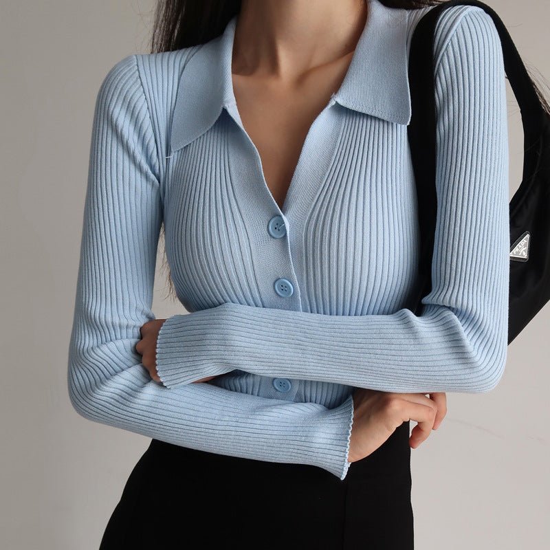 Lapel slim and thin jacket pit strip buckle sexy V - neck long - sleeved POLO neck knitted cardigan sweater women's wholesale - Negative Apparel
