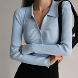 Lapel slim and thin jacket pit strip buckle sexy V - neck long - sleeved POLO neck knitted cardigan sweater women's wholesale - Negative Apparel