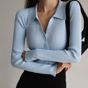Lapel slim and thin jacket pit strip buckle sexy V - neck long - sleeved POLO neck knitted cardigan sweater women's wholesale - Negative Apparel