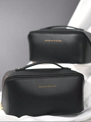 Large capacity waterproof makeup storage bag, with a portable design made of up leather material and dual handles - Negative Apparel