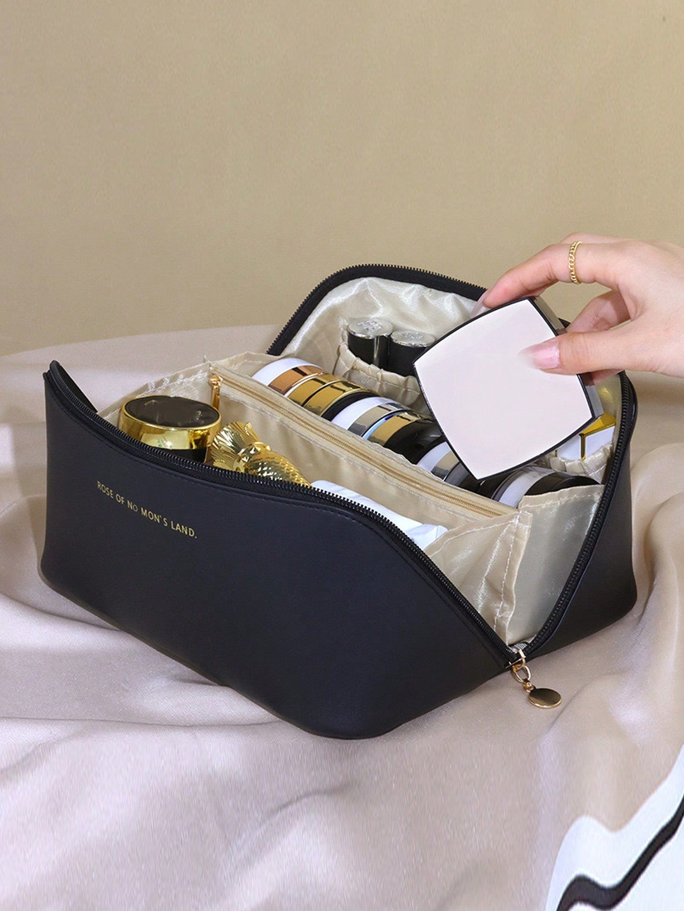 Large capacity waterproof makeup storage bag, with a portable design made of up leather material and dual handles - Negative Apparel