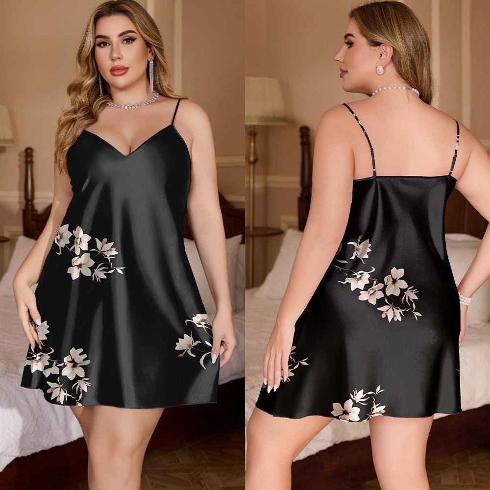 large size ice silk pajamas women's summer black background white flower V - neck fat MM thin suspender skirt loungewear SQ22341 - Negative Apparel