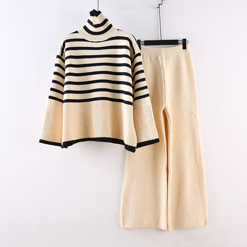 Large size loose all - match high collar knitted sweater for women + high waist drape straight casual knitted wide leg pants two - piece set - Negative Apparel