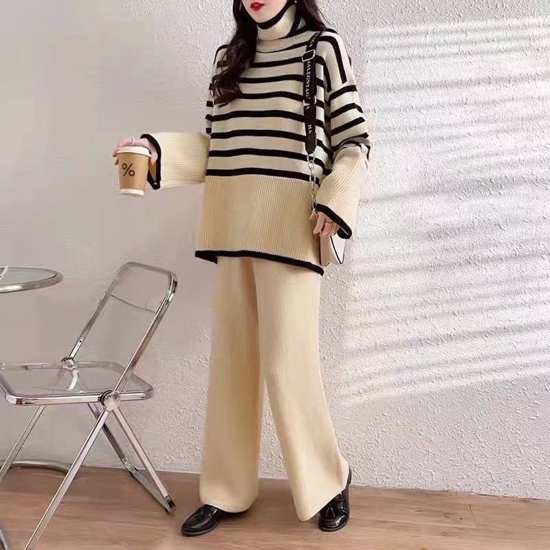 Large size loose versatile turtleneck knitted sweater for women + high waist drape straight casual knitted wide - leg pants two - piece set - Negative Apparel