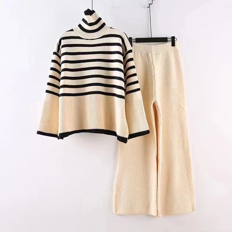 Large size loose versatile turtleneck knitted sweater for women + high waist drape straight casual knitted wide - leg pants two - piece set - Negative Apparel