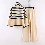 Large size loose versatile turtleneck knitted sweater for women + high waist drape straight casual knitted wide - leg pants two - piece set - Negative Apparel