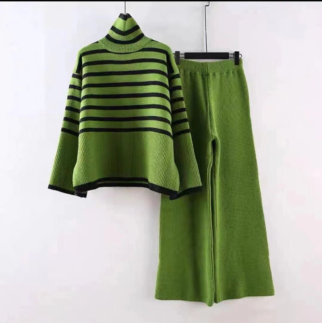 Large size loose versatile turtleneck knitted sweater for women + high waist drape straight casual knitted wide - leg pants two - piece set - Negative Apparel