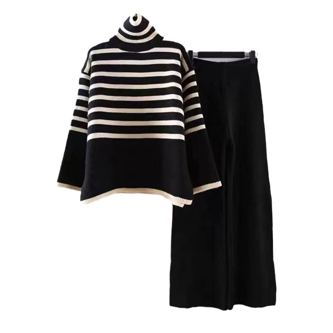 Large size loose versatile turtleneck knitted sweater for women + high waist drape straight casual knitted wide - leg pants two - piece set - Negative Apparel