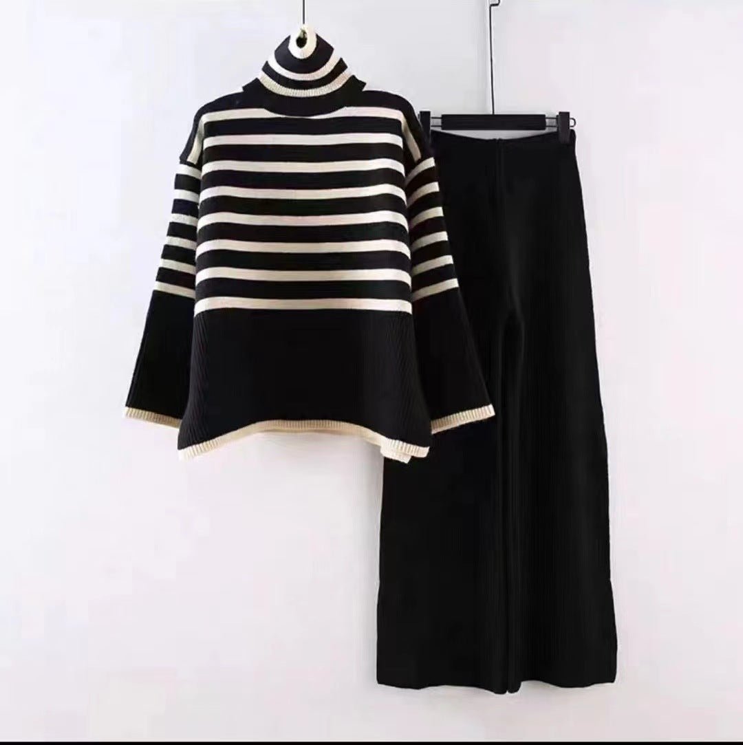 Large size loose versatile turtleneck knitted sweater for women + high waist drape straight casual knitted wide - leg pants two - piece set - Negative Apparel