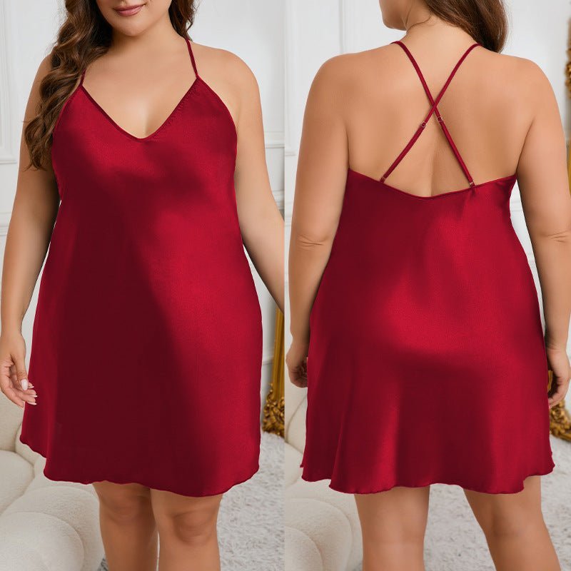 Large size suspender nightdress women's summer, fat mm thin ice silk solid color loungewearSQ21806 - Negative Apparel