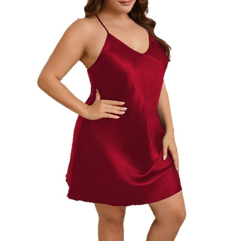 Large size suspender nightdress women's summer, fat mm thin ice silk solid color loungewearSQ21806 - Negative Apparel