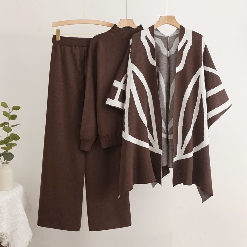 Lazy style knitted sweater shawl cape wide - leg pants three - piece set - Negative Apparel