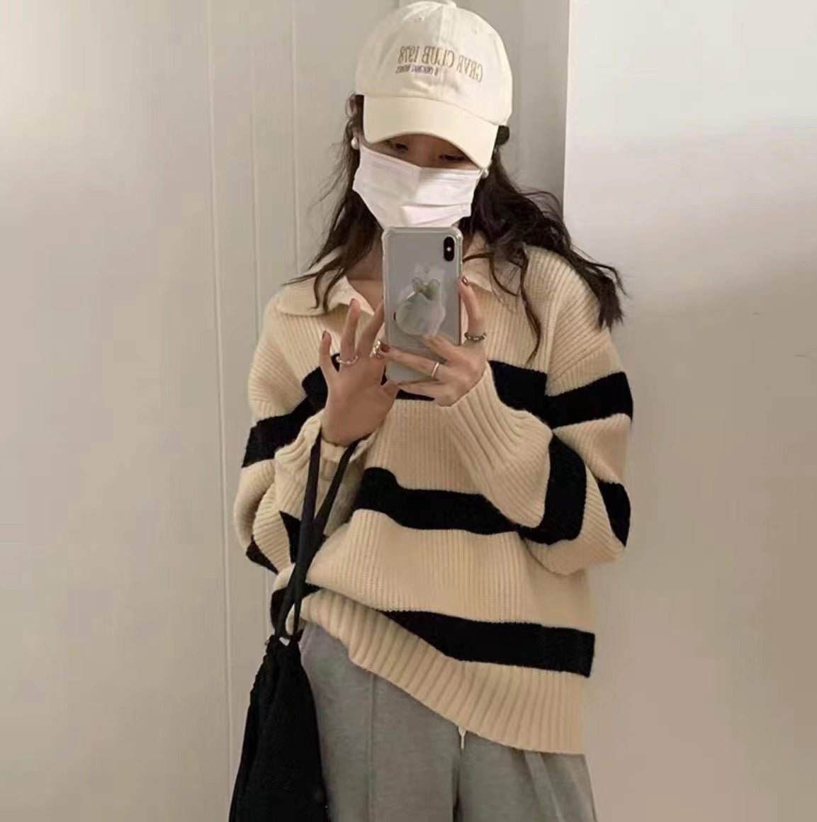 Lazy style striped Korean version half zipper pullover knit sweater top - Negative Apparel