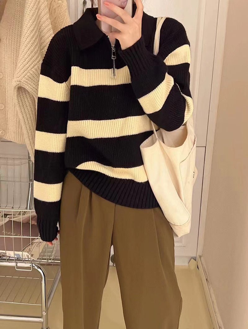 Lazy style striped Korean version half zipper pullover knit