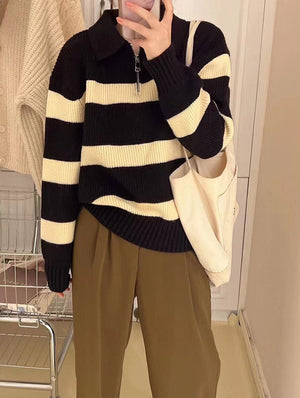 Lazy style striped Korean version half zipper pullover knit sweater top - Negative Apparel