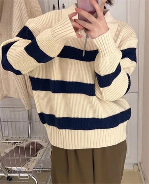 Lazy style striped Korean version half zipper pullover knit sweater top - Negative Apparel