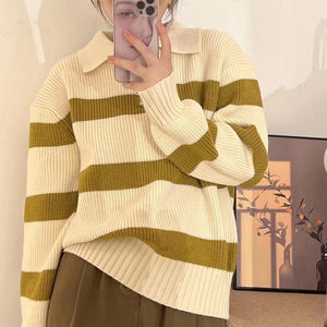 Lazy style striped Korean version half zipper pullover knit sweater top - Negative Apparel