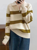 Lazy style striped Korean version half zipper pullover knit sweater top - Negative Apparel