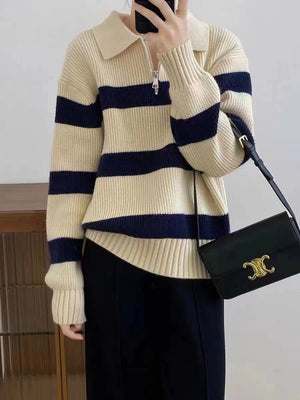 Lazy style striped Korean version half zipper pullover knit sweater top - Negative Apparel