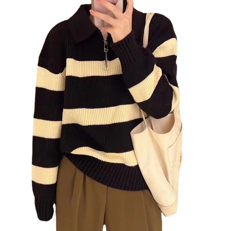 Lazy style striped Korean version half zipper pullover knit sweater top - Negative Apparel