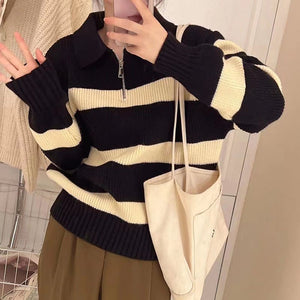 Lazy style striped Korean version half zipper pullover knit sweater top - Negative Apparel