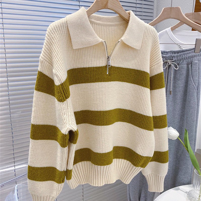 Lazy style striped Korean version half zipper pullover knit sweater top - Negative Apparel