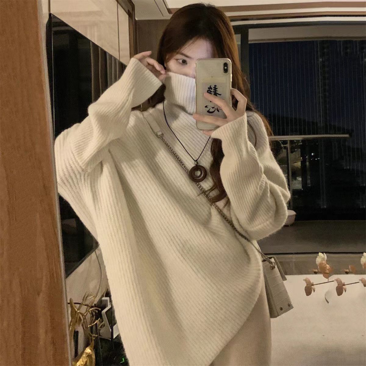 Lazy wind soft waxy knitted top thickened irregular turtleneck solid color sweater - Negative Apparel
