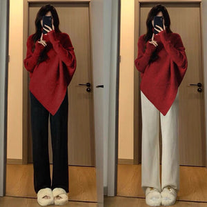 Lazy wind soft waxy knitted top thickened irregular turtleneck solid color sweater - Negative Apparel