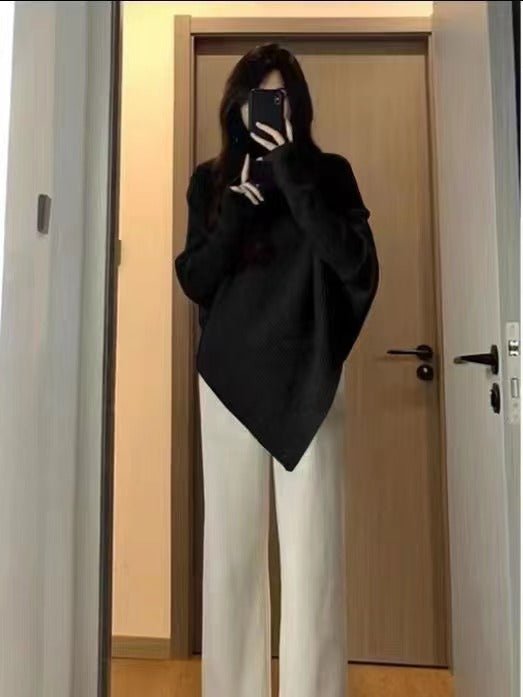 Lazy wind soft waxy knitted top thickened irregular turtleneck solid color sweater - Negative Apparel