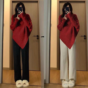Lazy wind soft waxy knitted top thickened irregular turtleneck solid color sweater - Negative Apparel