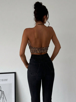 Leopard Print Deep V - Neck Draped Backless Elegant Sexy Party Halter Leopard Top - Negative Apparel