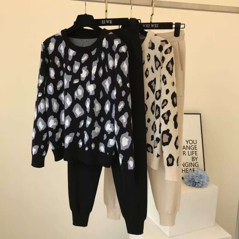 Leopard print pullover long - sleeved sweater + simple skinny pants suit - Negative Apparel