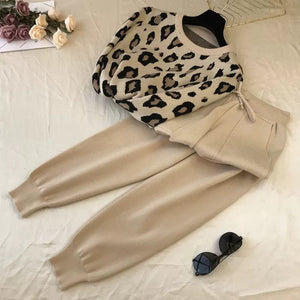 Leopard print pullover long - sleeved sweater + simple skinny pants suit - Negative Apparel