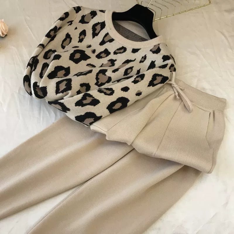 Leopard print pullover long - sleeved sweater + simple skinny pants suit - Negative Apparel