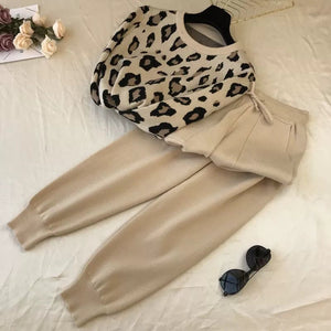 Leopard print pullover long - sleeved sweater + simple skinny pants suit - Negative Apparel