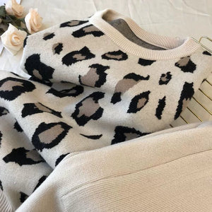 Leopard print pullover long - sleeved sweater + simple skinny pants suit - Negative Apparel