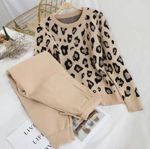 Leopard print pullover long - sleeved sweater + simple skinny pants suit - Negative Apparel