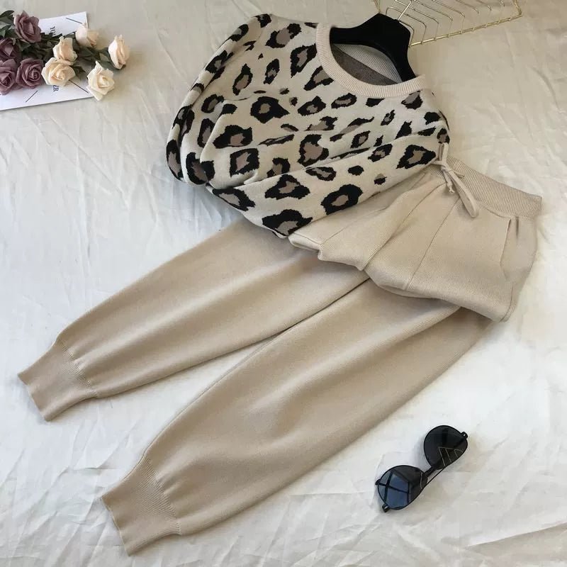 Leopard print pullover long - sleeved sweater + simple skinny pants suit - Negative Apparel