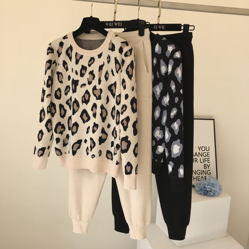 Leopard print pullover long - sleeved sweater + simple skinny pants suit - Negative Apparel