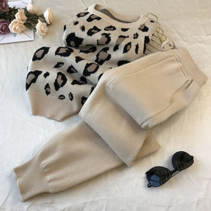 Leopard print pullover long - sleeved sweater + simple skinny pants suit - Negative Apparel