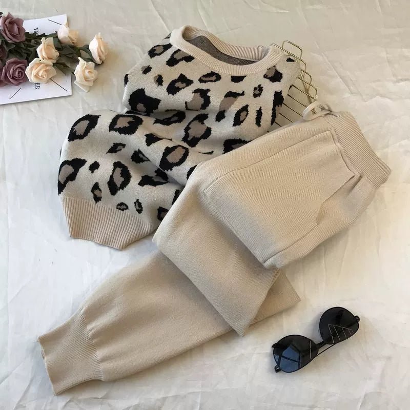 Leopard print pullover long - sleeved sweater + simple skinny pants suit - Negative Apparel