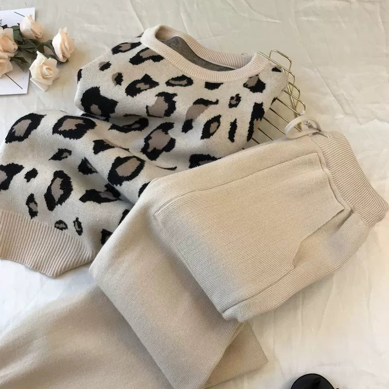 Leopard print pullover long - sleeved sweater + simple skinny pants suit - Negative Apparel