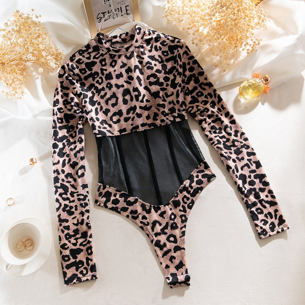 Leopard print sexy splicing transparent mesh body - shaping jumpsuit long - sleeved leopard print outfit - Negative Apparel