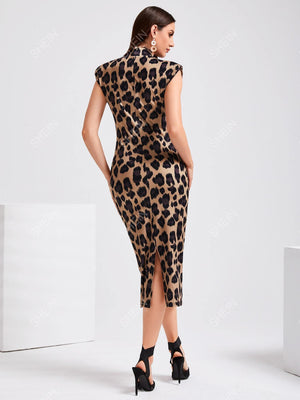 Leopard Print Shoulder Pad Split Back Bodycon Dress Without Belt - Negative Apparel