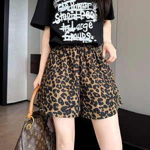 Leopard print sports shorts women's loose 2025 new outer wear thin straight three - point pants high waist small wide leg pants - Negative Apparel